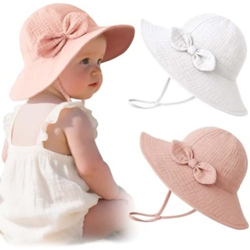 Konssy Muslin Baby Sun Hat, UPF 50+ Sun Protection Wide Brim Summer Beach Hat with Chin Strap, Breathable Bucket Hat