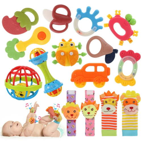 KABOER 18 Pcs Baby Rattles 0-6 Months, Baby Wrist Rattles & Foot Finders Sock, Newborn Hand and Foot Rattles/Teething Toy for Babies, Newborn Baby Boy Girl Rattles Gifts Set