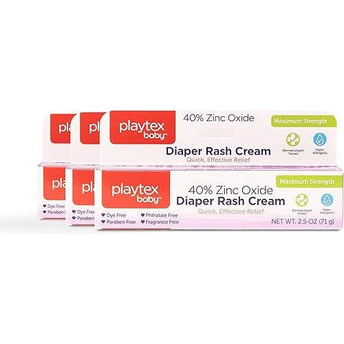 Playtex Baby Diaper Rash Cream, 2.5 oz. Tube, 3-Pack, Dermatologist Tested 40% Zinc Oxide Diaper Cream, Fragrance Free, Hypoallergenic, Free of Dye, Parabens and Phthalates