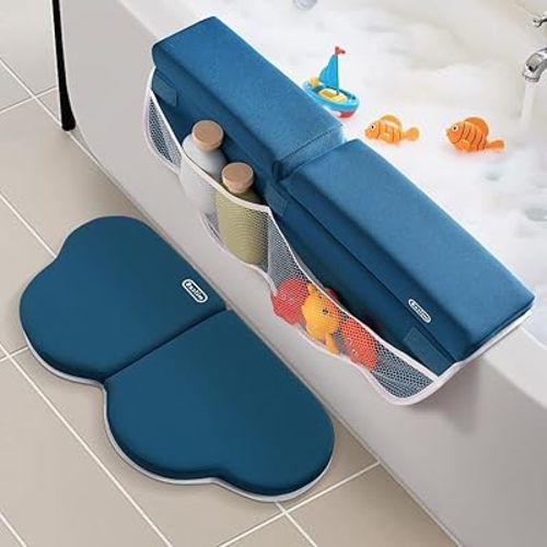 Roslim Bath Kneeler and Elbow Rest Pad Set - Non-Slip Knee& Arm Support Bathtub Mat with Organizer Pockets, Quick Drying, Foldable, Non-Slip Kneeling Pad for Parents, Blue