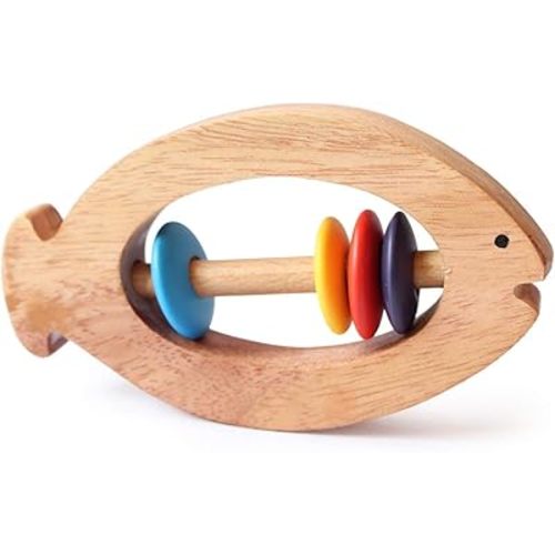Shumee Wooden Fish Rattle Rings and Teethers for Infants | Sensory Toy | 100% Safe, Natural & Eco-Friendly | 6 Months+