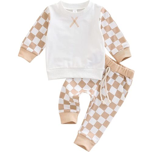 Toddler Baby Boy Girl Long Sleeve Cotton Plaid Pullover Sweatshirt+Trousers Two Piece Outfit Set Fall Winter Clothes - J-khaki - 6-12 Months