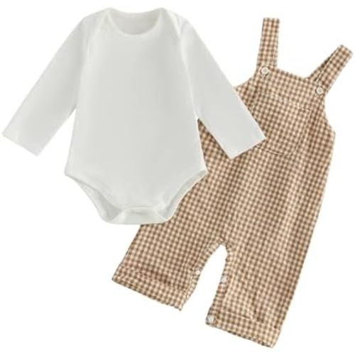 Newborn Infant Baby Boy Clothes Long Sleeve Romper Top Gingham Plaid Overall Pants Hat 3Pcs Fall Winter Outfits Set