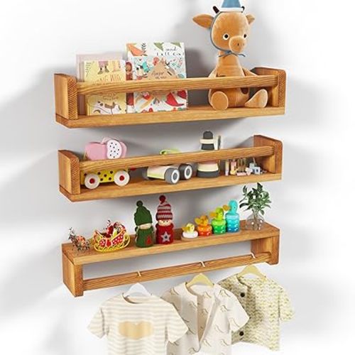 Nursery Floating Shelves, Wood Nursery Book Shelves for Wall, 24 inch Wall Bookshelf for Kids Solid Wood Wall Mounted Shelves for Books,Toys and Decor Storage, Set of 3
