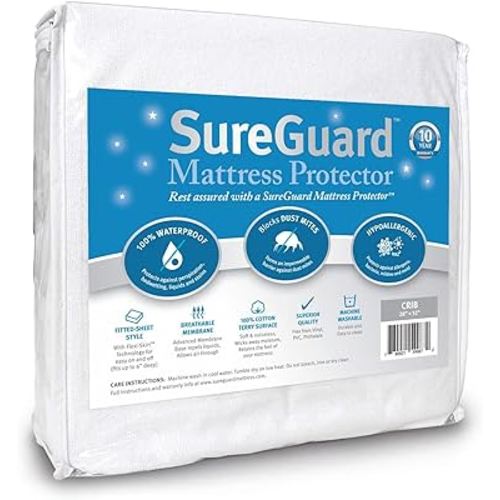 SureGuard Crib Size Mattress Protector - 100% Waterproof, Hypoallergenic - Premium Fitted Cotton Terry Cover White