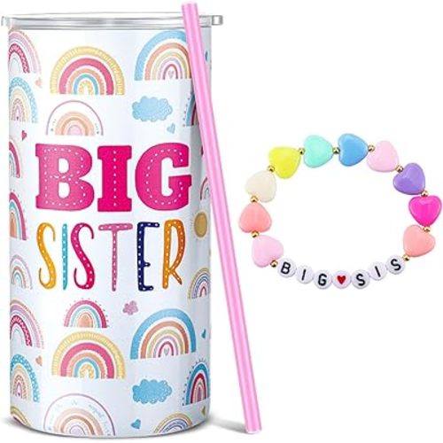 Maxcheck 2 Pcs Big Sister Gift from Sister 12 oz Pink Big Sister Cup Stainless Steel Sister Tumbler with Leak Proof Lid and Straw Baby Sister Mug Bracelet Announcement Jewelry for Little Girl Toddler