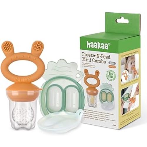 Haakaa Freeze-N-Feed Mini Combo with Silicone Food Feeder & Silicone Mini Nibble Tray|Baby Solid Food Self Feeder|Breastmilk Popsicle Mold Storage & Feeder for Soothing Baby Gums 1 PK (Pumpkin)