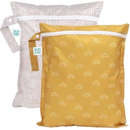 Bumkins Waterproof Wet Bag for Baby, Travel, Swim Suit, Cloth Diapers, Pump Parts, Pool, Gym, Toiletry, Strap to Stroller, Daycare, Zip Reusable Bag, Wetdry Packing Pouch, 2-pk - Sunshine & Wander