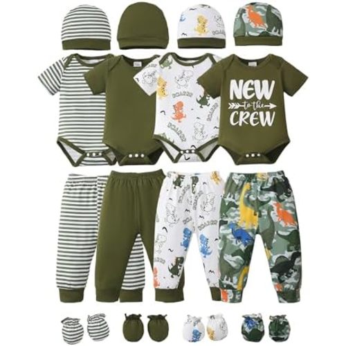 NZRVAWS Newborn Baby Boy Girl Clothes Unisex Infant Romper Pants Set Hat 4-Pack Outfits 0-12 Months 16 Pieces Toddler