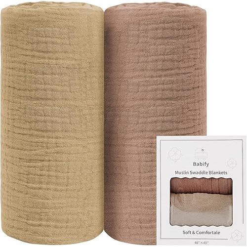 Baby Swaddle Blanket Neutral - Lightweight and Breathable Muslin Swaddles for Newborns - Receiving Blanket for Baby Boys and Girls (Brown, 2pack)