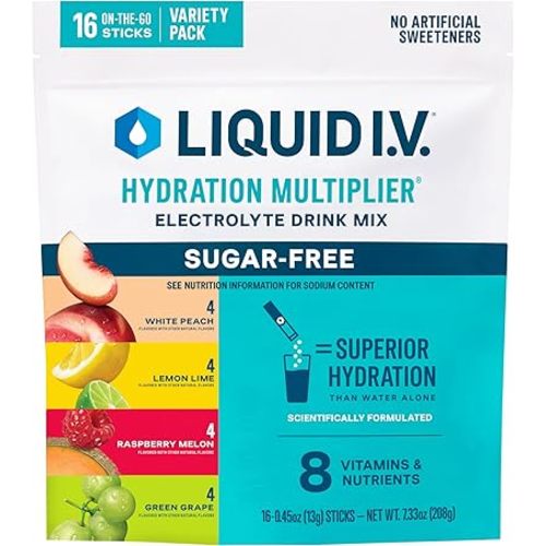 Liquid I.V.® Hydration Multiplier Sugar-Free - Raspberry Melon, Lemon Lime, White Peach, Green Grape | Electrolyte Powder Drink Mix | 1 Pack (16 Servings)