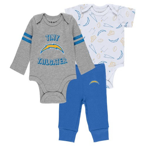 Newborn & Infant Los Angeles Chargers WEAR by Erin Andrews Gray/Powder Blue/White Three-Piece Turn Me Around Bodysuits & Pant Set