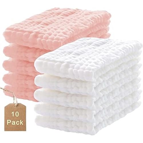 10-Pack Burp Cloths,100% Cotton Muslin Thickened Baby Burp Cloths Super Soft and Absorbent, Newborn Towels 20" x 10"(White+Pink)