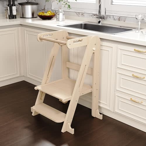 Kids Kitchen Step Stool, Folding Toddler Tower, Height Adjustable Toddler Tower with Safty Rail and Anti-Slip Device, Wooden Stool for 1.5-6 Years (Wood Original Color)