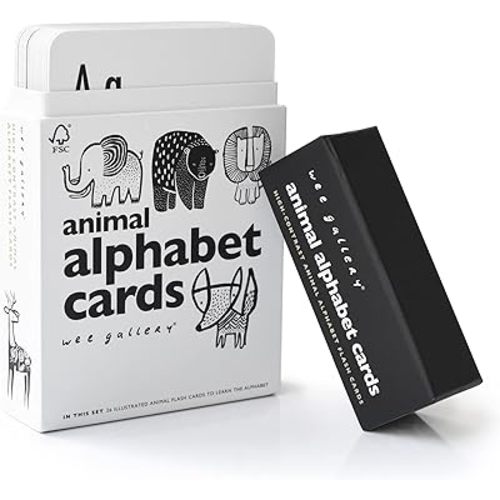 Wee Gallery Educational Flashcards for Babies, Black and White Animal Alphabet, Durable Double Sided Learning Flash Cards, Visual Stimulation, Cognitive Development, Baby, Toddler, Preschool Activity