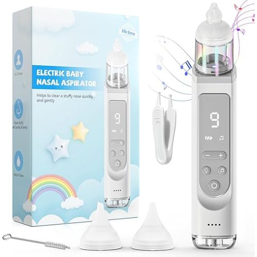 Nasal Aspirator for Baby, Baby Nose Sucker, Electric Nose Suction for Toddler with 3 Silicone Tips, 9 Adjustable Suction Levels, Light Soothing Function&Nursery Rhymes