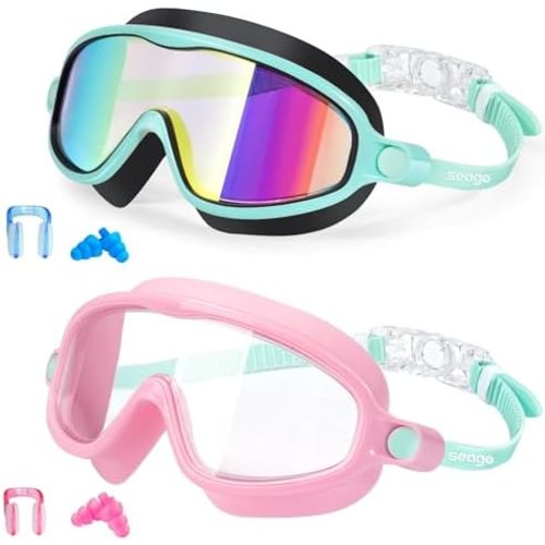 Seago Swim Goggles 2 Pack Anti-Fog Anti-UV Wide View Swimming Goggles for Kids 3-14