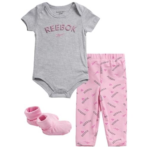 Reebok Baby Girls' Layette Set - 3 Piece Short Sleeve Bodysuit, Pants, Booties- Newborn Essentials Clothing for Infants, 0-9M