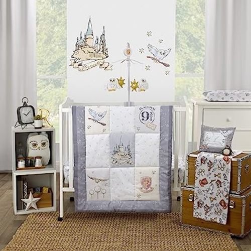 Warner Brothers Harry Potter Magical Moments Grey and White Hogwarts 3 Piece Nursery Mini Crib Bedding Set - Comforter and Two Fitted Mini Crib Sheets