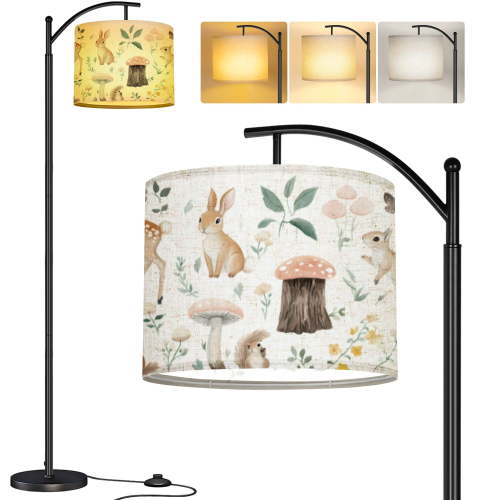 Arc Floor Lamp Woodland Animals Wood Forest Deer Rabbit Bird Bear Mushroom Squirrel Tall Modern Standing Lamp LED Adjustable Linen Lampshade 3 Color Temperatures