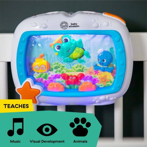 Baby Einstein Sea Dreams Soother Musical Crib Toy and Sound Machine - Blue: Music, Lights Up, Illustrated Animals, Volume Control