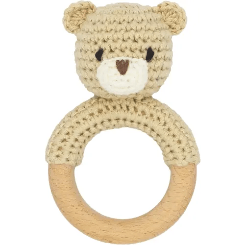 Safari Animals Wooden Baby Rattle Toys Stuffed Crochet Rattle with Teether Ring for Newborn, Beige Bear