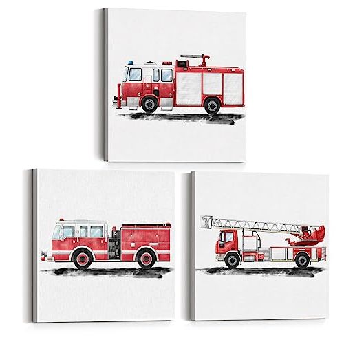Set of 3 Fire Truck Nursery Transportation Canvas Wall Art Framed Paintings Prints Watercolor Fire Engine Firetruck Canvas Posters Pictures Wall Decor for Home Kids Bedroom 12x12 Inch