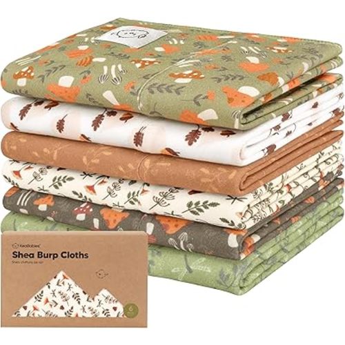 Organic Burp Cloths Baby Boy, Girl - 6-Pack Large Cotton Burping Cloths for Babies, Spit Up Rags, Super Absorbent, Ultra Soft Newborn Cloth Rag, Gender Neutral, Machine Washable, Durable (Fall Spores)