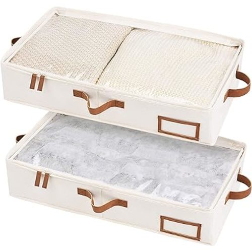 StorageWorks Underbed Storage Box, Under Bed Clothes Organizer With Sturdy Structure and Ultra Thick Fabric, Ivory White, Medium, 2 pack