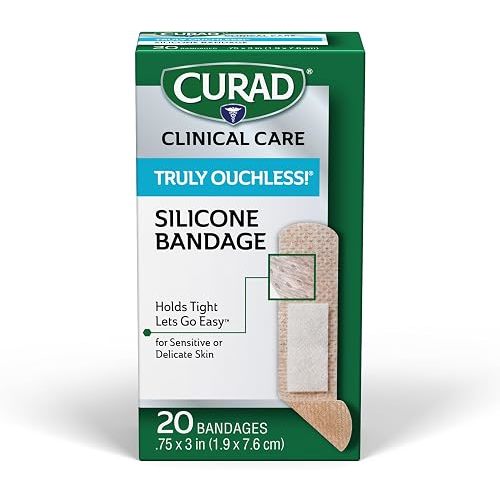 CURAD Truly Ouchless!® Silicone Bandages, .75" x 3", For Sensitive or Delicate Skin, Flexible Fabric, Protects Scrapes, Cuts & Burns, 20 Count