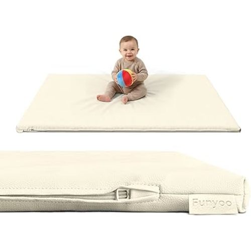 Padded 48" ×48" Baby Play Mat for Floor, 1.2" Thick Memory Foam Playmat with Soft Vegan Leather Cover, Cushioned Playpen Mat for 50" x50" Playpens, Beige
