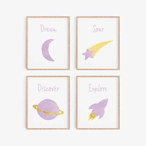 Purple nursery decor, Space themed girls room, Empowering art for kids, Outer space nursery, Girl space art, Moon star planet rocket posters