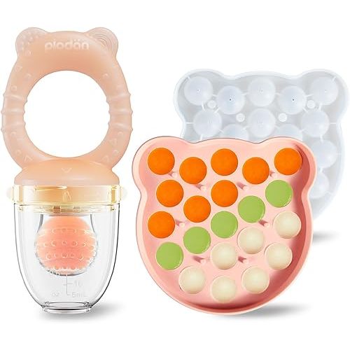Baby Fruit Feeder& Teether with Freezer Tray Combo, BPA-Free Silicone Food Feeder for 4+ Months, Breastmilk Popsicle Molds for Teething Relief, Dishwasher Safe Baby Food Freezer Tray with Lid