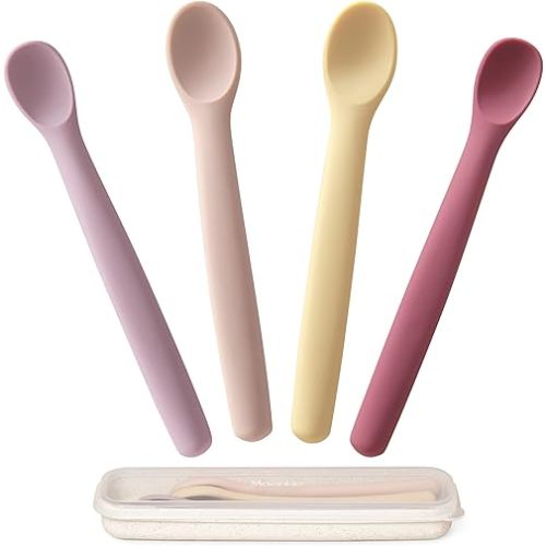 Moonkie Silicone Baby Spoons Set of 4, Two Sizes Feeding Spoon for First Stage 4+ Months, Baby Utensils with Case, Toddler Led Weaning Spoons, Bendable, Chewproof & Boil-proof