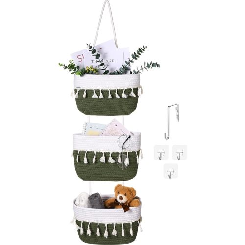 Over The Door Hanging Basket Boho Woven Wall Hanging Baskets 3-Tier Cotton Wall Mounted Storage Organizer Bag Macrame Decorative for Kitchen Laundry Room Stairs(White, Green)