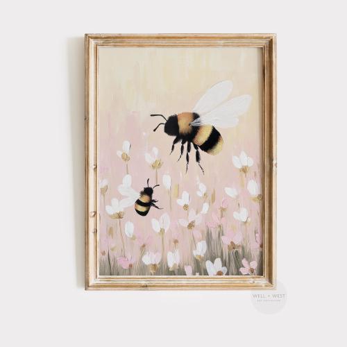 Spring Bumblebee Print | Pastel Wildflowers Painting | Whimsical Girls Room Decor | Colorful Floral Nursery Art | Summer Flowers Art | P534