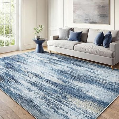 6x9 Area Rugs for Living Room, Modern Abstract Washable Rug with Non-Slip Backing & Low Pile Indoor Carpet for Nursery Room, Bedroom and Dinning Room, Blue