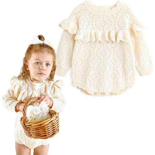 Simplee kids Baby Boys’ Girls’ Knitted Romper Jumpsuit Long Sleeve Onesie Bodysuits One Piece Outfits Sweater - D-beige - 0-3 Months