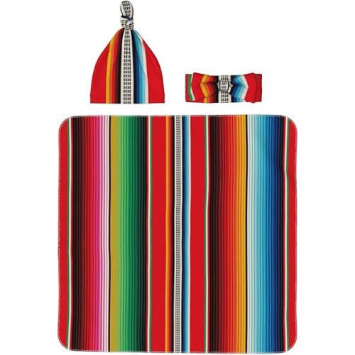 Mexican Serape Blanket Stripes Baby Girl Newborn Receiving Blanket 3 PCS Baby Boy Swaddle Set with Matching Headband and Beanie