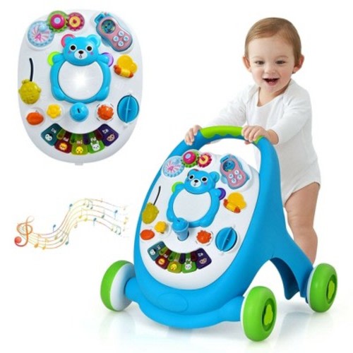 Costway Sit-to-Stand Learning Walker Toddler Push Walking Toy w/Lights & Sounds, Color: Blue