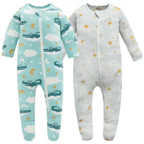 100% Cotton Footed Zip Pajamas - 2 pack - Crocodile & Golden Star – Owlivia