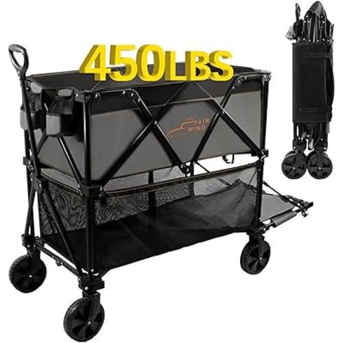 Double Decker Wagon, 54" Extra Long Extender Wagon 450Lbs Weight Capacity, 400L Capacity Collapsible Foldable Heavy Duty Wagon, 14 CFT Capacity Utility Wagon for Camping Sports Shopping