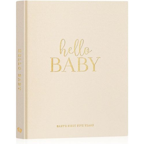 Lanpn Hello Baby First 5 Year Memory Book for Boy Girl - Linen Hardcover Baby Book Keepsake for New Parents - Newborn Baby Journal Scrapbook Photo Album Baby Milestone Book (Beige, 154 Pages)