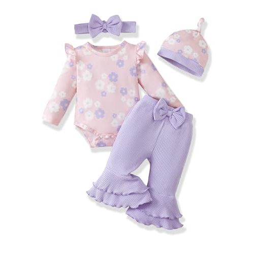 Renotemy Preemie Newborn Baby Girl Clothes Infant Romper Fall Winter Outfits Gifts for Girls Cute Bell Bottoms Pant Sets