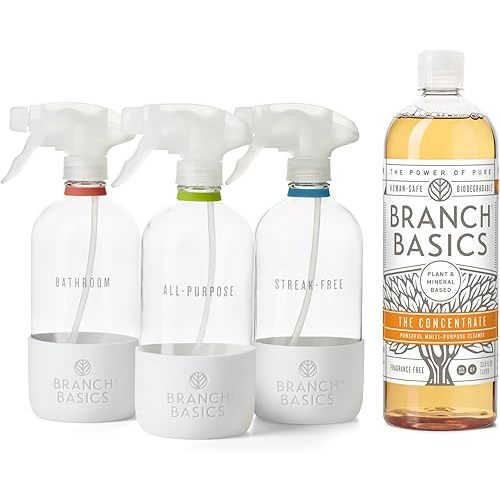 Branch Basics Cleaning Essentials Kit in Glass: All Purpose Cleaner and Bathroom Cleaner - Concentrate (33.8 Oz) + Glass Spray Bottles for Cleaning (16 Oz) Fragrance-Free