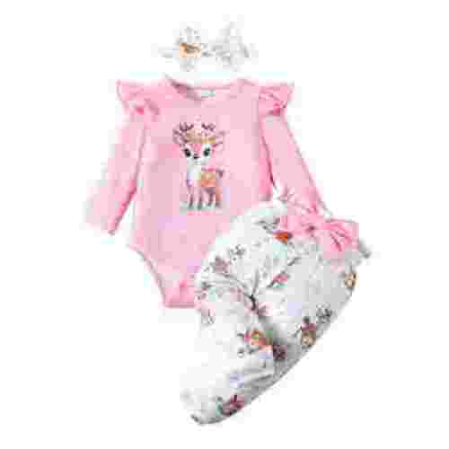 MEZZALL Baby Girl Clothes Outfits Ruffle Romper+ Floral Pants + Cute Headband Sets For Girls, Red, 3-6 Months