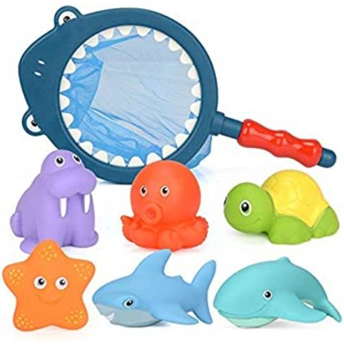 Bath Toy Baby Bathtub Toys, Sea Animals Squirter Toys, Water Spraying Discoloration Floating Animals Fishing Net, Bathroom Floating Pool Fishing Play Set for Toddler Kids, Set of 7