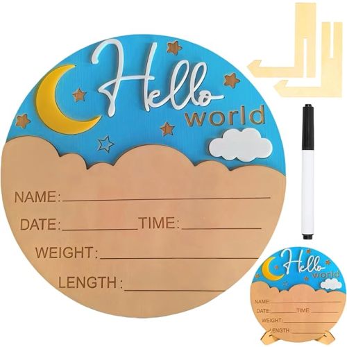Baby Announcement Sign,Personalized Wooden 5.9inch Hello World Newborn Sign,Birth Name Announcement,3D Pattern,Boys And Girls Gift,Hospital Nursery For Baby (Moon)
