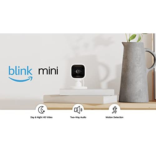 Blink Mini – Compact indoor plug-in smart security camera, 1080p HD video, night vision, motion detection, two-way audio, easy set up, Works with Alexa – 1 camera (White)