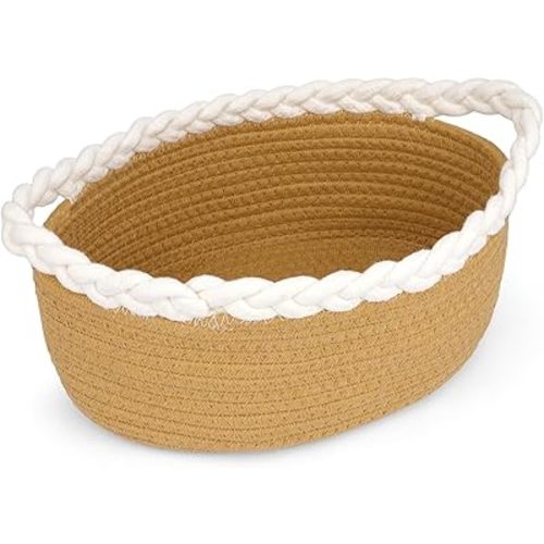 Small Storage Basket, Braided Cotton Rope Basket with Handles - Jute Color Boho Organizer for Bathroom, Nursery & Living Room, Gift & Home Decor (11"x7"x4.7")